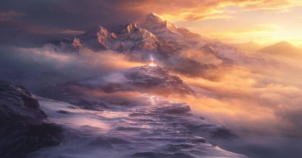 Snow-capped Himalayan mountains with a scenic pilgrimage trail leading towards a sacred cave temple.