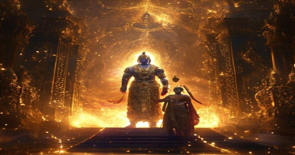 Lord Vishnu standing as a guardian at the golden gates of Patal Lok beside King Mahabali.