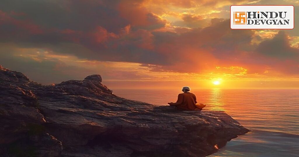 A serene sage meditating peacefully on a cliff overlooking a calm ocean during a golden sunset