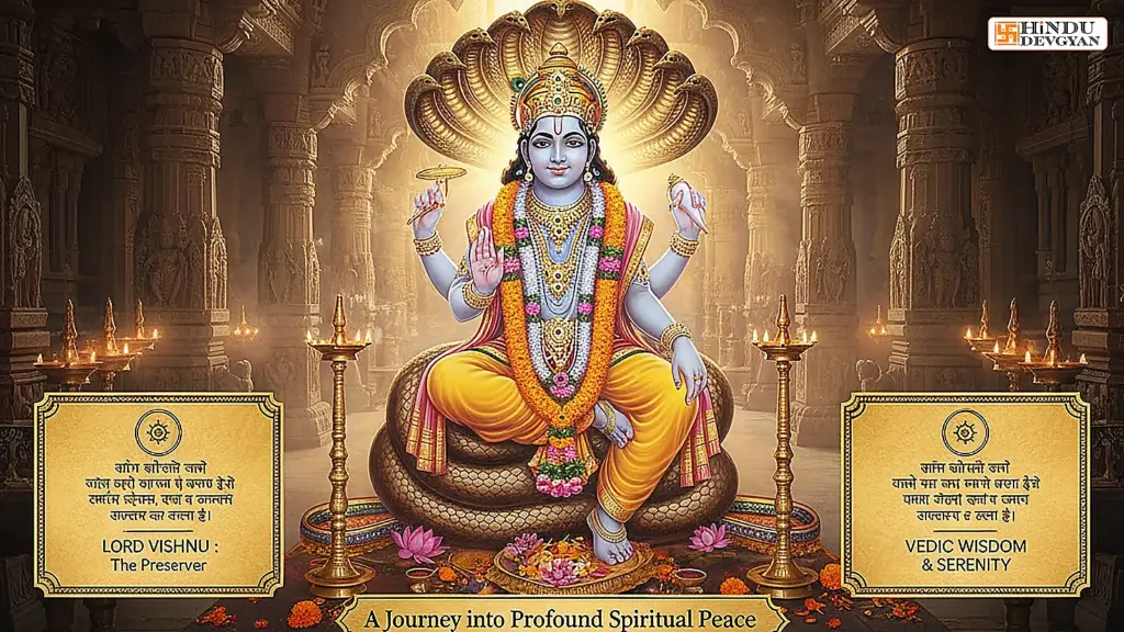 Lord Vishnu idol in temple sanctum with marigold flowers.