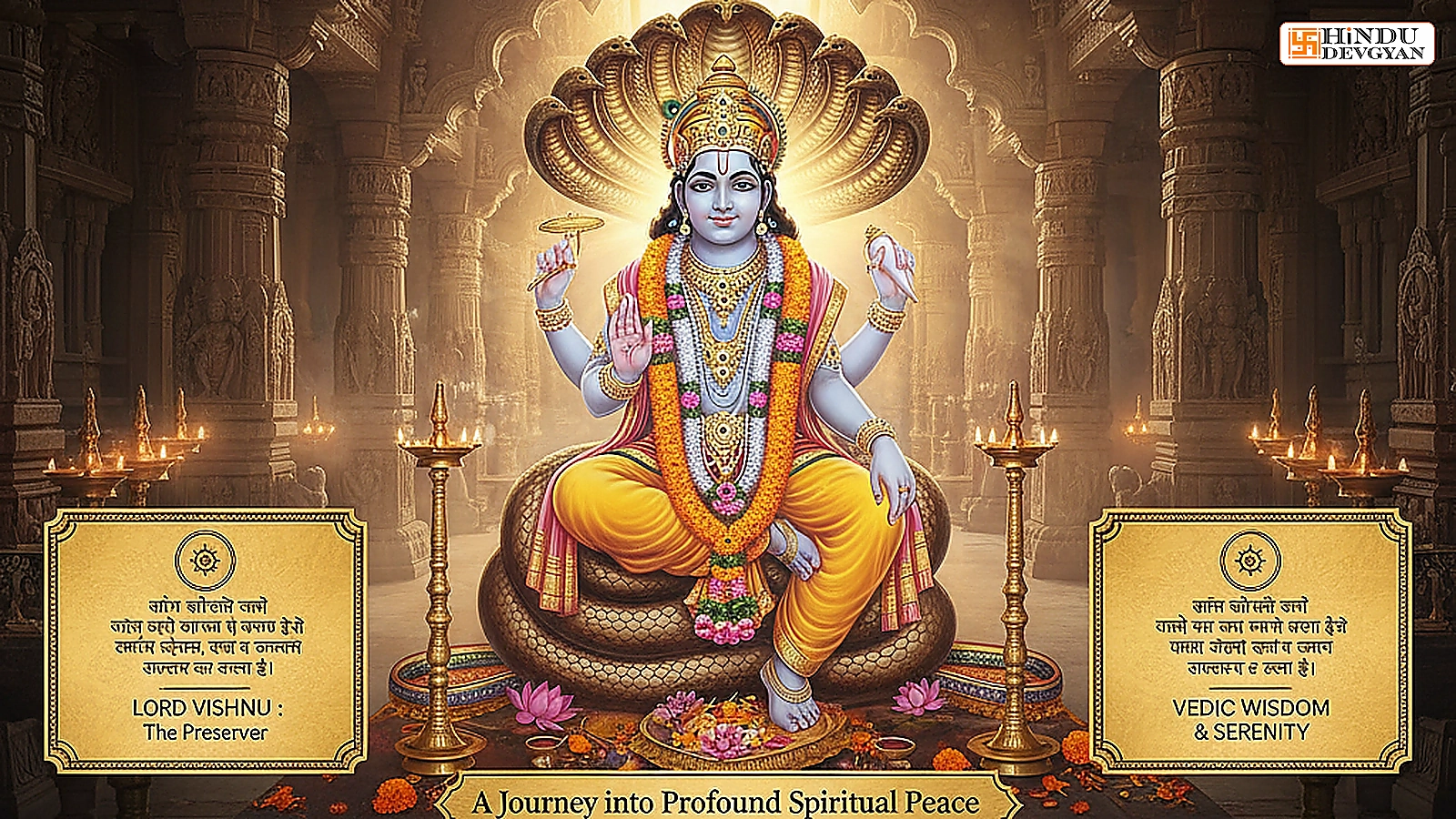 Lord Vishnu idol in temple sanctum with marigold flowers.