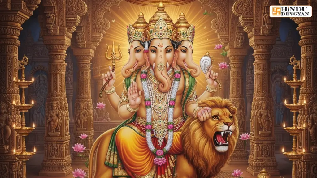 Heramba Ganapati with five faces and ten arms riding a lion.