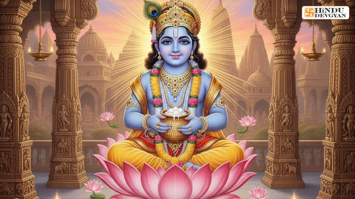 Lord Krishna holding butter pot in temple sanctum with celestial aura.