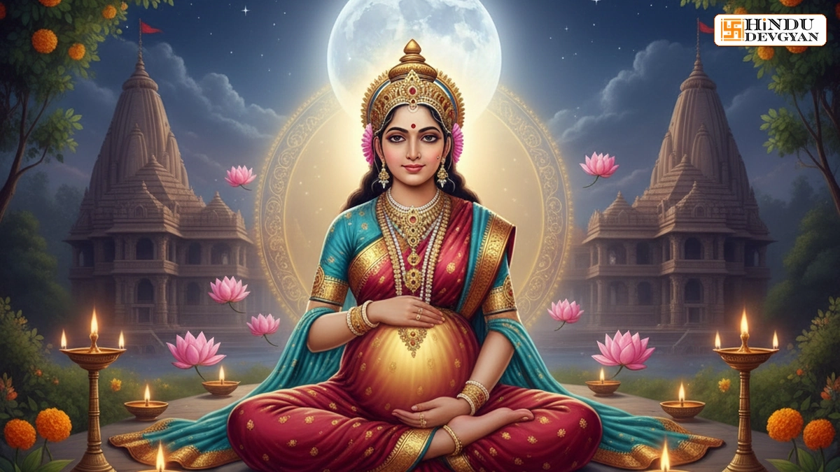 Pregnant woman meditating under full moon during Purnima Bhadra Eclipse 2026