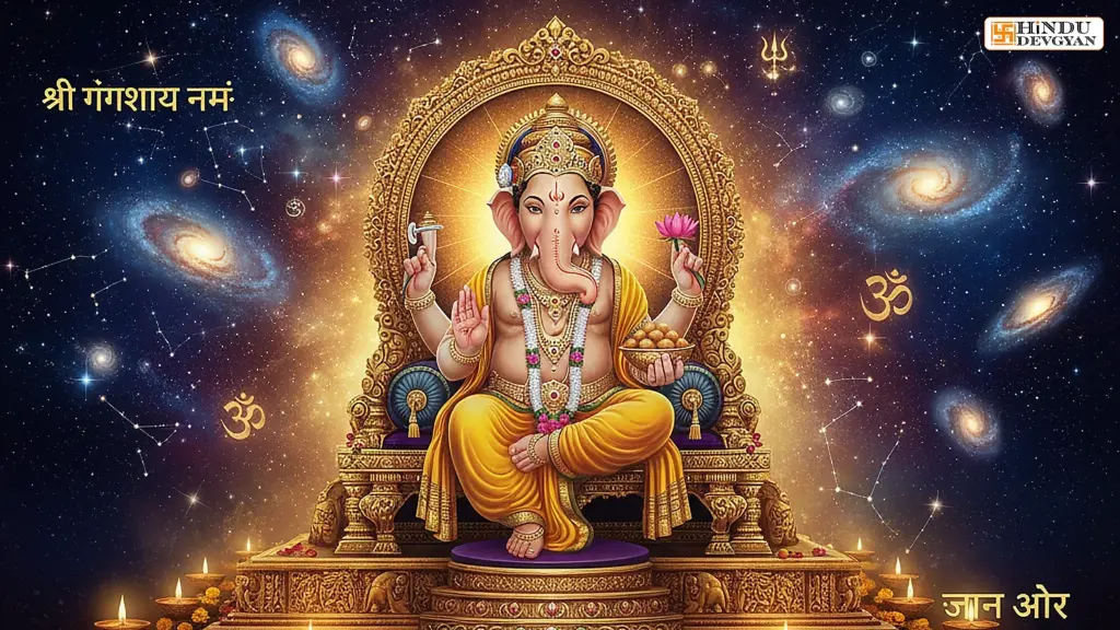 Lord Ganesha amidst cosmic starfield and glowing constellations, embodying wisdom.