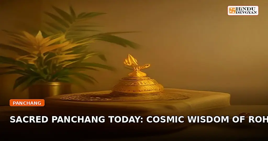 Traditional brass kalash and manuscript under warm diya light for Today Panchang Shubh Muhurat