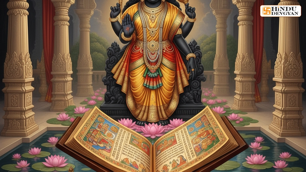 Ancient Sanskrit manuscript illustrating Bhagavad Gita Chapter 6 Verse 26 on a wooden stand with a lamp.