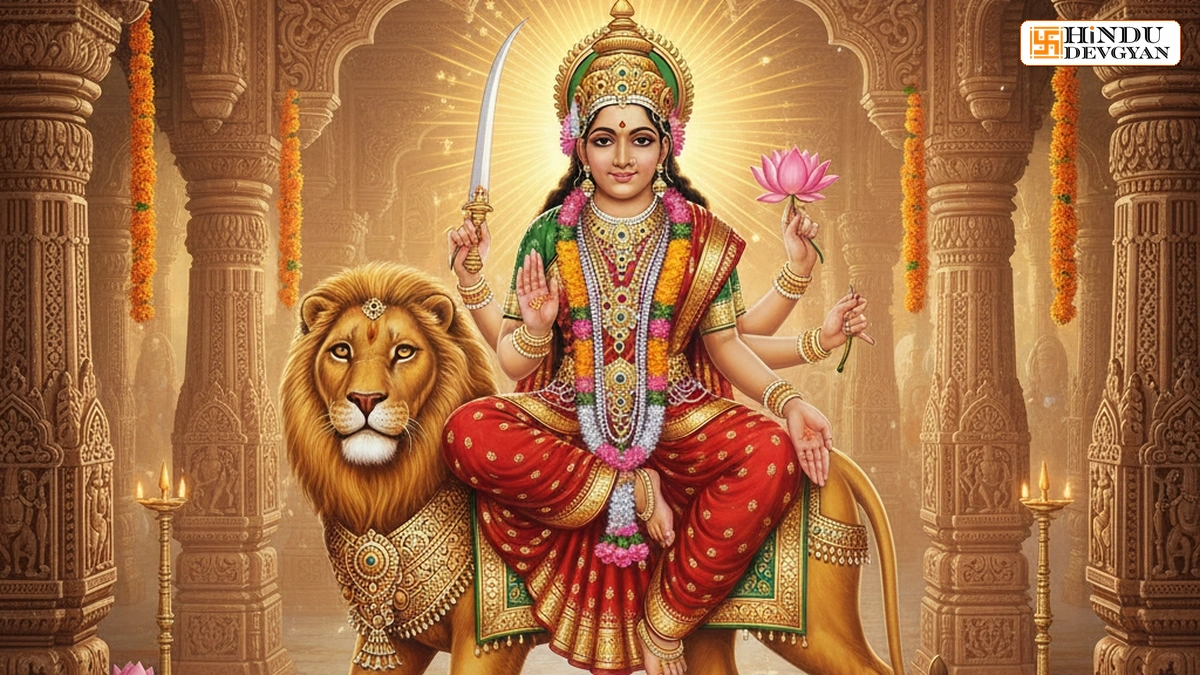 Maa Katyayani Devi idol adorned with auspicious flowers and offerings.