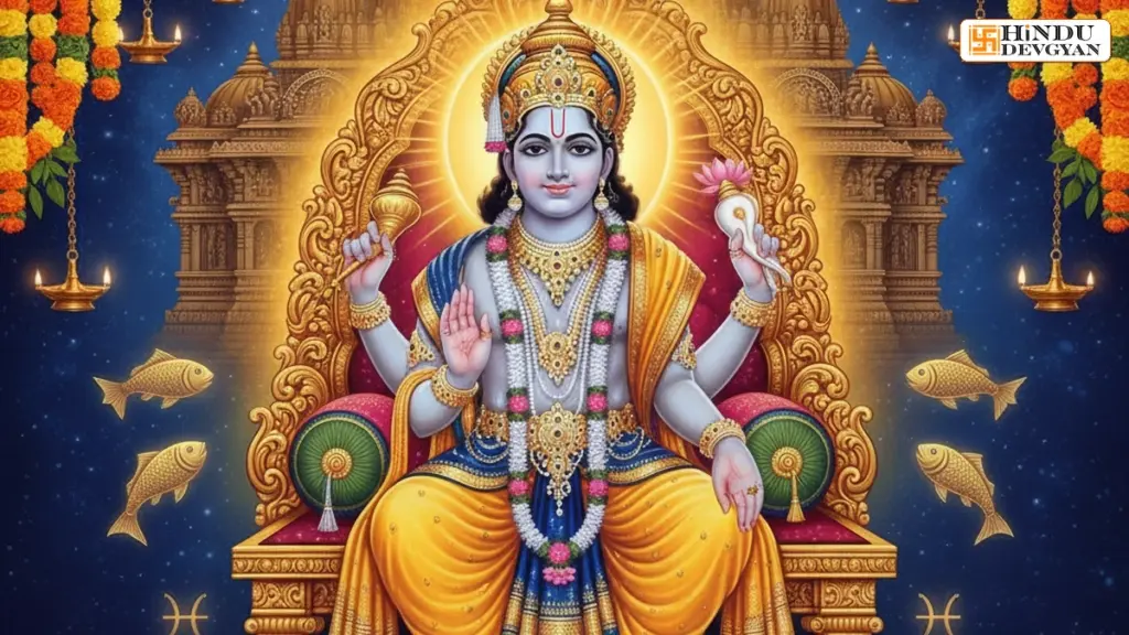 Lord Vishnu with Pisces constellation and celestial energy for wealth and respect.