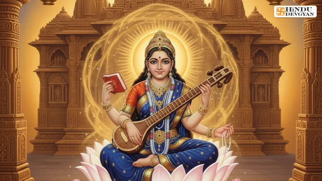 Goddess Saraswati on lotus, playing veena, surrounded by flowers
