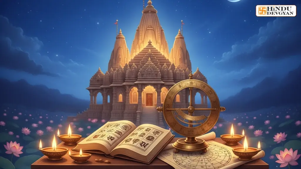 An ancient palm-leaf manuscript and sundial depicting Today's Vedic Panchang, illuminated by oil lamps under a starry sky.